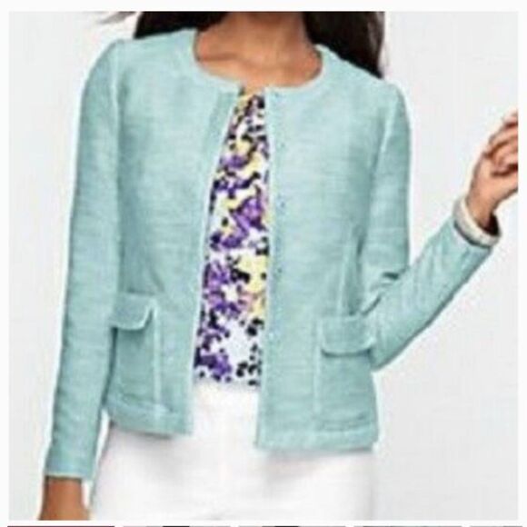 NWT Talbots Petities Women Aqua Blue Cotton Blend Tweed Blazer size 12P - Picture 1 of 9